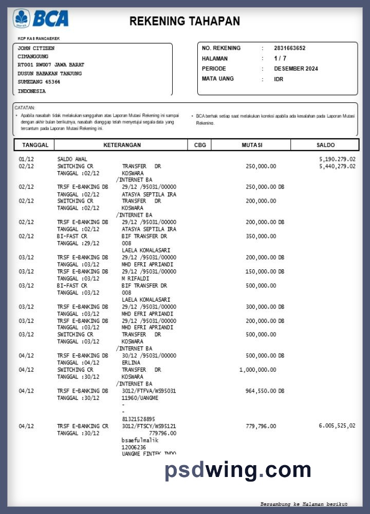 Indonesia BCA Bank Statement (Version 2, Word)